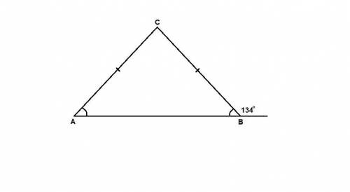 Втреугольнике abc ac=bc . внешний угол при вершине b равен 134° найдите угол c