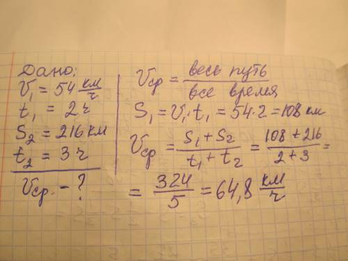 Первый участок пути поезд проходит со скоростью 54 км/ч за 2 часа,остальной путь 216 км,за 3 часа,оп