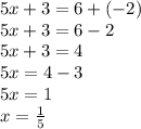 5x + 3 = 6 + ( - 2) \\ 5x + 3 = 6 - 2 \\ 5x + 3 = 4 \\ 5x = 4 - 3 \\ 5x = 1 \\ x = \frac{1}{5}