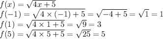 f(x) = \sqrt{4x + 5} \\ f( - 1) = \sqrt{4 \times ( - 1) + 5} = \sqrt{ - 4 + 5} = \sqrt{1} = 1 \\ f(1) = \sqrt{4 \times 1 + 5} = \sqrt{9} = 3 \\ f(5) = \sqrt{4 \times 5 + 5} = \sqrt{25} = 5