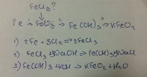 Решить цепочку fe → feo3 → fe(oh)3 → kfeo2