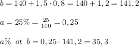 b=140+1,5\cdot 0,8=140+1,2=141,2\\\\a=25\%=\frac{25}{100}=0,25\\\\a\%\; \; ot\; \; b=0,25\cdot 141,2=35,3