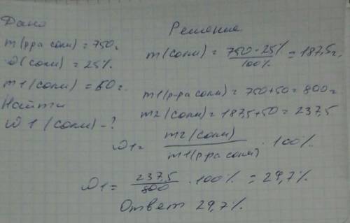 Краствору соли массой 750 г с массовой долей растворенного вещества 25% добавили эту же соль массой