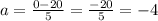 a = \frac{0 - 20}{5} = \frac{-20}{5} = -4