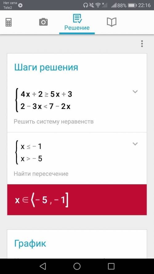 Решите систему неравенств: 4x+2≥5x+3 2-3x< 7-2x