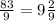 \frac{83}{9} = 9 \frac{2}{9}