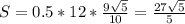 S=0.5*12*\frac{9\sqrt{5}}{10}=\frac{27\sqrt{5}}{5}