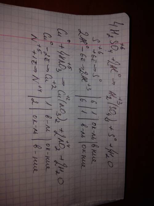 Окислительно- -восстановительные реакции. 1) h2so4+al= al( so4)3+s+h2o( решить.) 2) cu+hno3=cu(no3)2