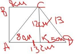 Основи прямокутної трапеції дорівнюють 13 см і 8 см. діагональ ділить тупий кут навпіл. знайти s (пл