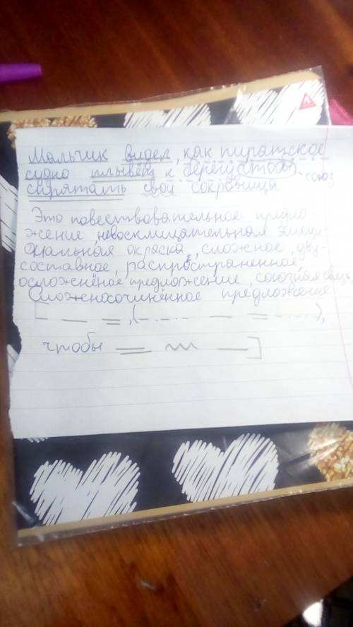 35 , разбор предложения мальчик видел, как пиратское судно плывёт к берегу, чтобы спрятать свои сокр