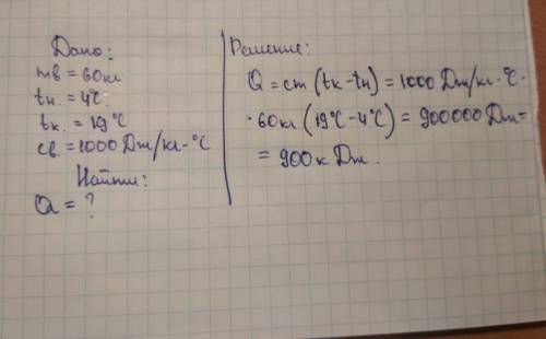 Масса воздуха в комнате 60 кг. он нагревается от 4ос до 19ос. какое количество теплоты пошло на нагр