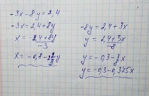 Выразите в следующих уравнениях х через у и у через х -3x-8y=2.4