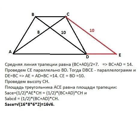 Найдите площадь трапеции, диагонали которой равны 8 и 10, а средняя линия равна 7.