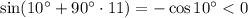 \sin (10^\circ+90^\circ\cdot11)=-\cos10^\circ