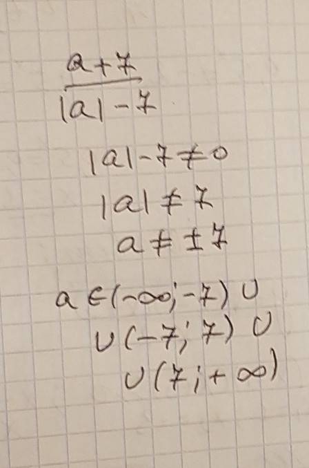 Укажите область допустимых значений переменной в выражении a+7: |a|-7