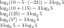 \log_2(10-5\cdot (-23))=3\log_25\\\log_2(10+115)=3\log_25\\\log_2(125)=3\log_25\\\log_2(5^3)=3\log_25\\3\log_25=3\log_25