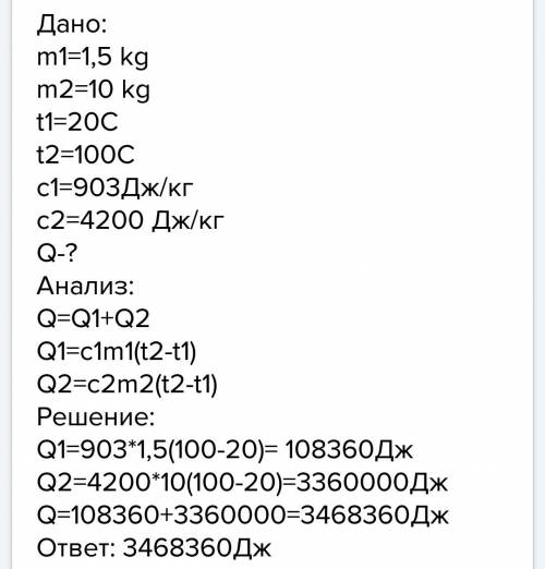 Вбаке из 1.5 кг алюминия есть 10 кг воды. сколько тепла необходимо для нагрева воды от 20°с до 100°с