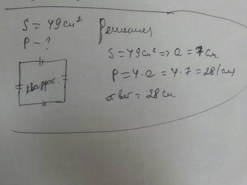 Площадь квадрата составляет 49 см квадратных чему равен периметр этого квадрата
