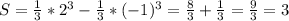 S=\frac{1}{3} *2^{3} -\frac{1}{3} *(-1)^3=\frac{8}{3}+\frac{1}{3}=\frac{9}{3}=3