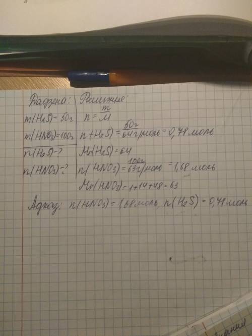 Какое количество вещества составляют 50г сероводорода и 100г азотной кислоты