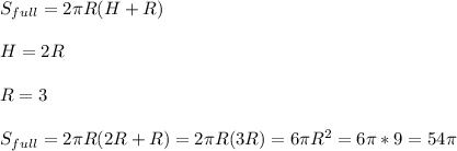 S_{full} = 2\pi R(H+R)\\\\H = 2R\\\\R = 3\\\\S_{full} = 2\pi R(2R+R) = 2\pi R(3R) = 6\pi R^2 = 6\pi*9 = 54\pi \\\\