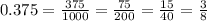 0.375 = \frac{375}{1000} = \frac{75}{200} = \frac{15}{40} = \frac{3}{8}