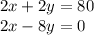 2x + 2y = 80 \\ 2x - 8y = 0