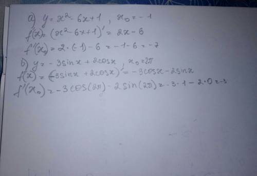 Найдите значение производной функции в точке x0: а) у = x2 – 6x + 1, x0=-1; б) у = -3sinx + 2cosx, x