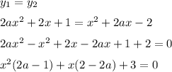 y_1=y_2\medskip\\2ax^2+2x+1=x^2+2ax-2\medskip\\2ax^2-x^2+2x-2ax+1+2=0\medskip\\x^2(2a-1)+x(2-2a)+3=0