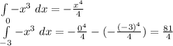 \int{-x^3}\ dx=-\frac{x^4}{4}\\ \int\limits^0_{-3} {-x^3} \ dx=-\frac{0^4}{4}-(-\frac{(-3)^4}{4})= \frac{81}{4}