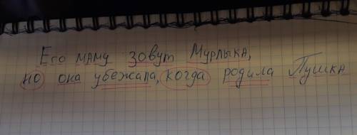 Разобрать предложения! его маму зовут мурлыка, но она убежала, когда родила пушка.