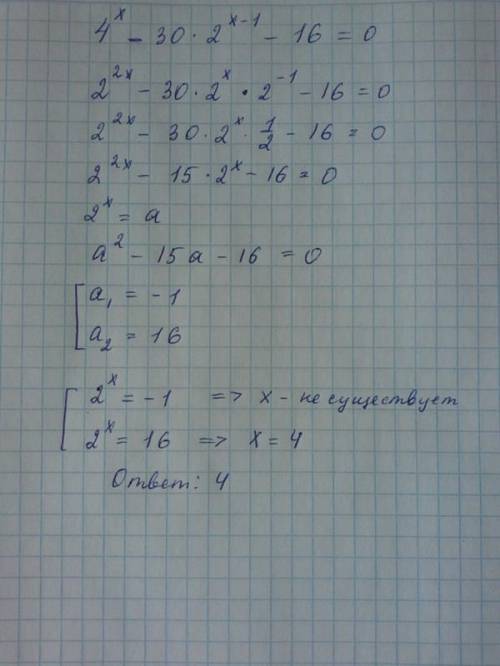 Нужно решение к показательному уравнению 4^x+30*2^x-1 -16=0