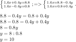 \left \{ {{1,6x+0.4y=8.8} \atop {1.6x-0.4y=0.8}} \right. ; = \left \{ {{1.6x=8.8-0.4y} \atop {1.6x=0.8+0.4y}} \right. .\\ \\ 8.8-0.4y=0.8+0.4y\\ 8.8-0.8=0.4y+0.4y\\ 8=0.8y\\ y=8:0.8\\ y=10