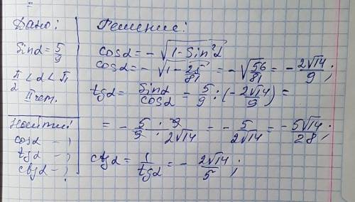 Найти cos a,tg a,ctg a если sin a=5/9 п/2