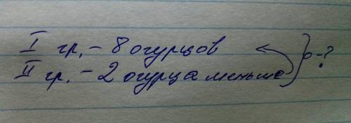 Составить схему. с одной грядки бабушка сняла 8 огурцов, а с другой - на 2 оогурца меньше. сколько о