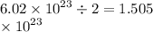 6.02 \times {10}^{ 23} \div 2 = 1.505 \\ \times {10}^{ 23}