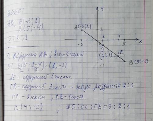 Дан отрезок ав а(-3; 3) в(5; -4). разделить этот отрезок ( считая от а к в) на частит 3: 2: 1. найти