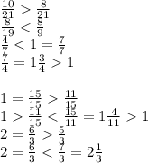 \frac{10}{21} \frac{8}{21} \\ \frac{8}{19} < \frac{8}{9} \\ \frac{4}{7} < 1 = \frac{7}{7} \\ \frac{7}{4} = 1 \frac{3}{4} 1 \\ \\ 1 = \frac{15}{15} \frac{11}{15} \\ 1 \frac{11}{15} < \frac{15}{11} = 1 \frac{4}{11} 1 \\ 2 = \frac{6}{3} \frac{5}{3} \\ 2 = { \frac{6}{3} } < \frac{7}{3} = 2 \frac{1}{3}