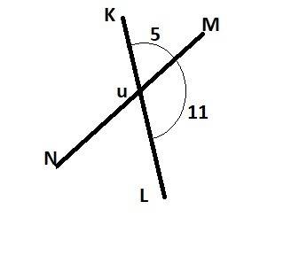 Точка u является точкой пересечения прямых kl и mn. углы kum и mul находотся в отношениях 5: 11. выч