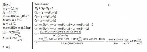 1)свинец массой 0.1 кг при температуре 100 ºc погрузили в алюминиевый калориметр массой 40 г, содерж