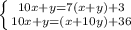 \left \{{{10x+y=7(x+y)+3} \atop {10x+y=(x+10y)+36}} \right.