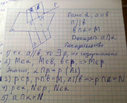 Дано: прямая б пересекает плоскость альфа в точке м. а||б. доказать: а пересекает альфу.