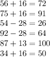 56 + 16 = 72 \\ 75 + 16 = 91 \\ 54 - 28 = 26 \\ 92 - 28 = 64 \\ 87 + 13 = 100 \\ 34 + 16 = 50