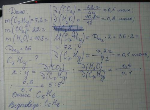 Урезультаті спалювання 7,2г органічної сполуки, утворилося 22г вуглекислого газу і 10,8г води, визна