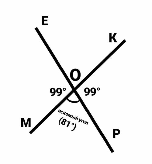 Сумма вертикальных углов мое, рок, образованных при пересечении прямых мк и ре равна 198о. найдите у