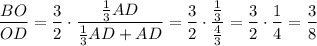 \dfrac{BO}{OD}=\dfrac{3}{2}\cdot\dfrac{\frac{1}{3}AD}{\frac{1}{3}AD+AD}=\dfrac{3}{2}\cdot\dfrac{\frac{1}{3}}{\frac{4}{3}}=\dfrac{3}{2}\cdot\dfrac{1}{4}=\dfrac{3}{8}