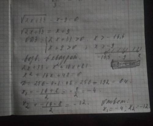 √(2х+33)-х-9=0 решите ирр. уравнение с подробным решением