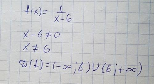 Найдите область определения функции f(x)=1/x-6