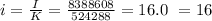 i = \frac{I}{K} = \frac{8388608}{524288} = 16.0 ~= 16