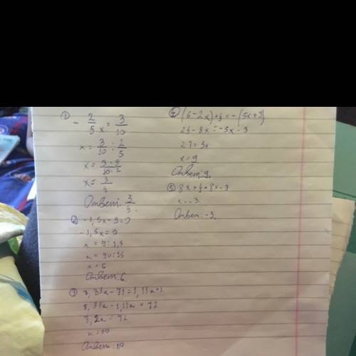 Решить уравнения. 1) -2/5×=3/10. 2) -1,5×-9=0. 3) 8,31к-71=1,11к+1. 4) (6-2×)+4=-(5×+3). 5) 8×+4=8×-